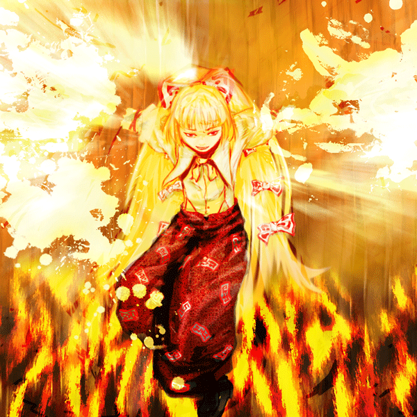 feppu fire fujiwara_no_mokou gif_artifacts monochrome no_nose outstretched_arms smirk solo spread_arms touhou yellow