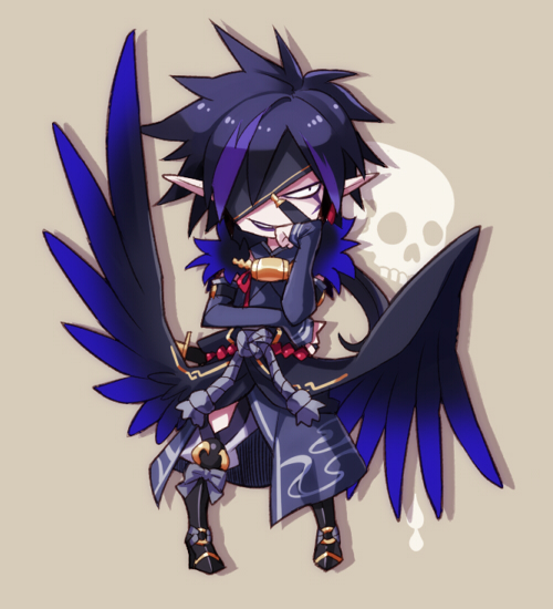 1boy black_hair boots brown_background chibi eyepatch japanese_clothes kyousaku male multicolored_hair mygrimoire original pointy_ears purple_hair raum_(mygrimoire) smile solo spiky_hair two-tone_hair wings