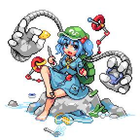 aozane barefoot between_toes blue_eyes blue_hair cucumber feet foot_hold hair_bobbles hair_ornament kawashiro_nitori lowres open_mouth pixel_art robotic_arms rock short_hair sitting solo tools touhou twintails
