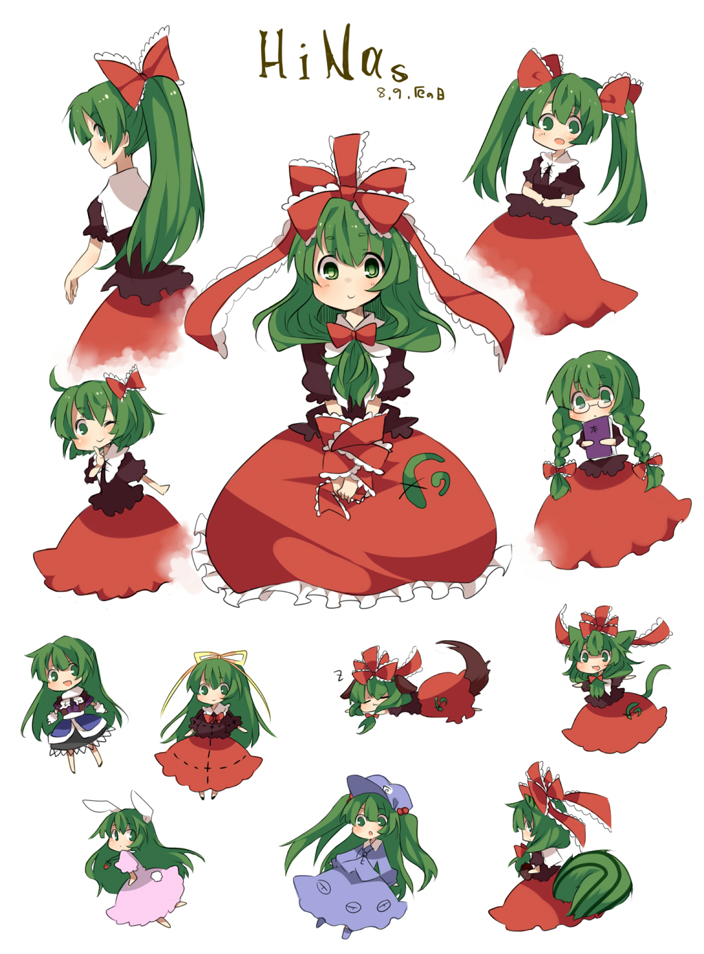 acorn ahoge alternate_hairstyle animal_ears arm_ribbon bespectacled book bow braid bubble_skirt bunny_ears bunny_tail cat_ears cat_tail chibi cosplay dog_ears dog_tail front_ponytail glasses green_eyes green_hair hair_bow hair_ribbon hat highres inaba_tewi inaba_tewi_(cosplay) kagiyama_hina kawashiro_nitori kawashiro_nitori_(cosplay) kemonomimi_mode long_hair medicine_melancholy medicine_melancholy_(cosplay) mikan_(ama_no_hakoniwa) mizuhashi_parsee mizuhashi_parsee_(cosplay) ponytail rabbit_ears ribbon short_hair smile squirrel_ears squirrel_tail tail touhou twin_braids twintails v_arms wink