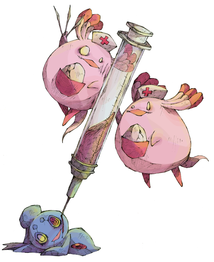 chansey claws clothed_pokemon creepy egg error hat kuuneru large_syringe no_humans nurse_cap oversized_object phione pokemon pokemon_(creature) syringe