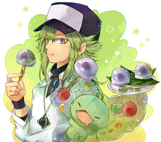 blue_eyes eating food green_hair hat jewelry n_(pokemon) pendant pokemon pokemon_(game) pokemon_black_and_white pokemon_bw reuniclus rinne_(pixiv)