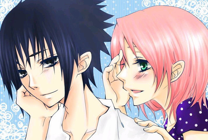 1girl bad_id black_hair couple green_eyes haruno_sakura naruto pink_hair smile uchiha_sasuke