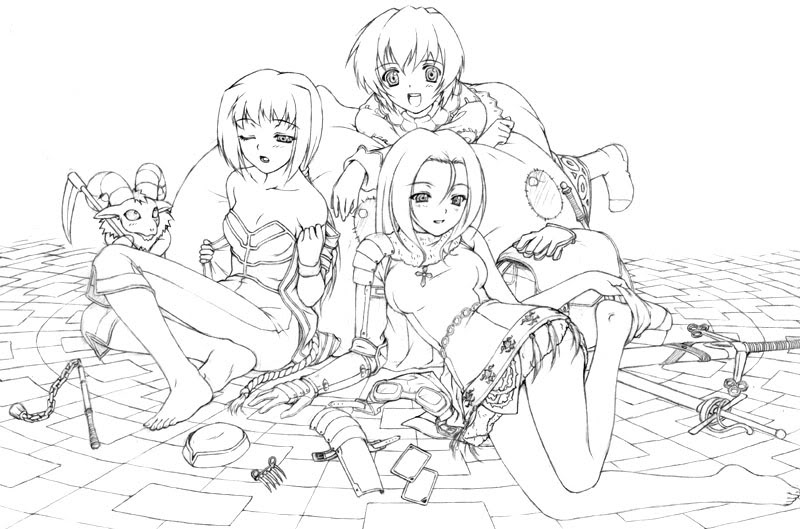 armor barefoot feet flail kazuma_muramasa knight knight_(ragnarok_online) legs lineart merchant merchant_(ragnarok_online) monk monk_(ragnarok_online) monochrome multiple_girls ragnarok_online short_hair socks soles sword toes undressing weapon