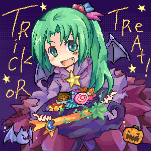 candy fang green_eyes green_hair halloween hat higurashi_no_naku_koro_ni lowres pote_(ptkan) ptkan sonozaki_mion wings