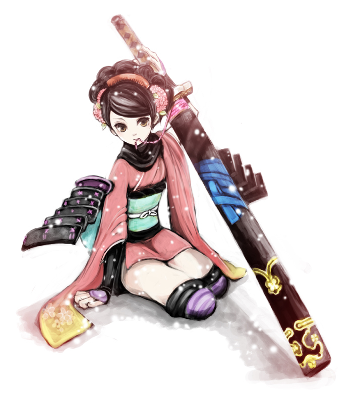 brown_eyes brown_hair fingerless_gloves flower gloves hair_flower hair_ornament japanese_clothes kimono koto2 kurokote momohime mouth_hold oboro_muramasa sheath sheathed short_kimono simple_background sode solo sword thigh-highs thighhighs weapon