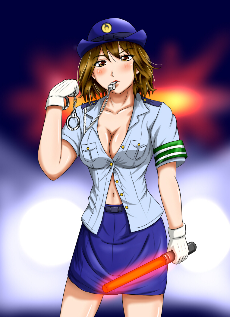 armband breasts brown_eyes brown_hair cleavage cuffs diesel-turbo gloves glowstick handcuffs hat large_breasts navel open_clothes open_shirt original policewoman short_hair solo whistle