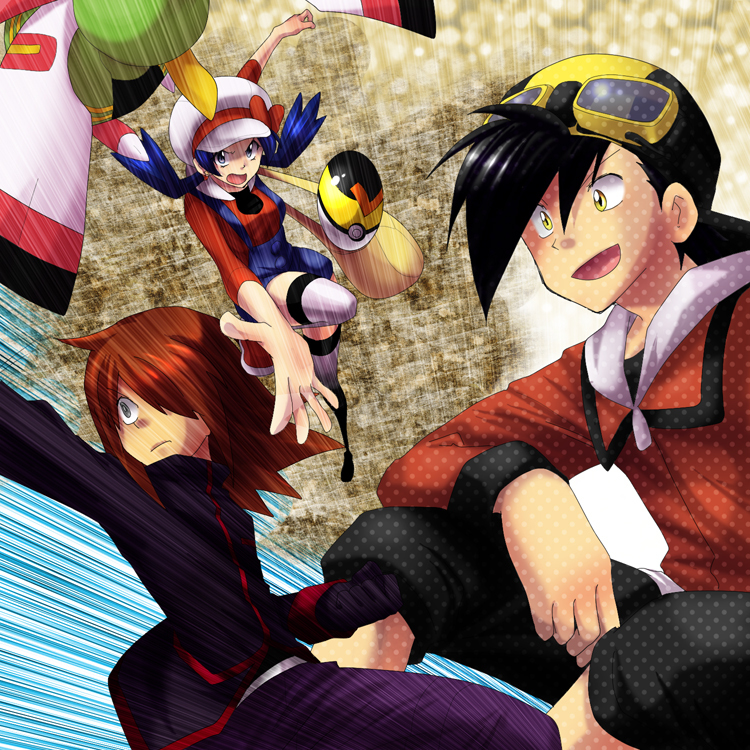 1girl 2boys backwards_hat baseball_cap black_hair blue_eyes blue_hair cabbie_hat cosplay crystal_(pokemon) goggles goggles_on_head gold_(pokemon) hat hk_(nt) level_ball multiple_boys poke_ball pokemon pokemon_(creature) pokemon_(game) pokemon_gsc pokemon_special red_hair redhead silver_(pokemon) twintails xatu yellow_eyes