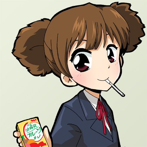 brown_eyes brown_hair face juice_box k-on! kono1 lowres mouth_hold school_uniform short_hair smile solo straw suzuki_jun twintails