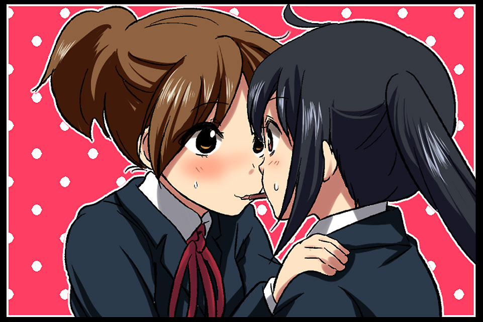 brown_eyes brown_hair eye_contact hirasawa_ui k-on! long_hair looking_at_another nakano_azusa pocky pocky_kiss ponytail sakayama_shinta school_uniform shared_food short_hair twintails yuri