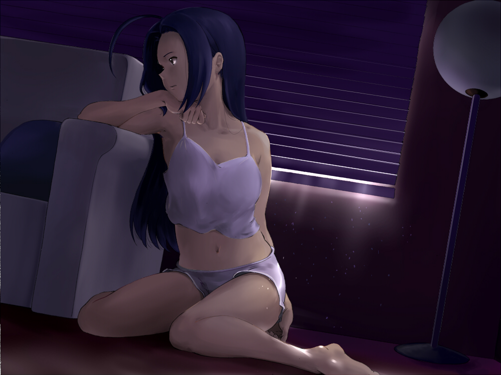 barefoot blinds blue_hair camisole chin_rest couch cushion dark idolmaster lamp long_hair midriff miura_azusa navel pettan_p shorts sitting solo wariza