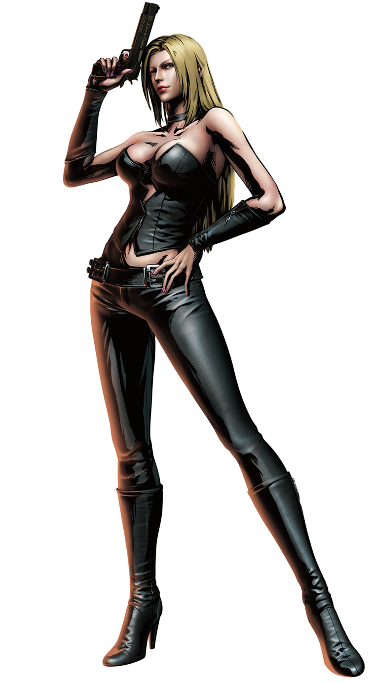 1girl bare_shoulders belt belt_buckle black_boots black_footwear blonde_hair blue_eyes boots breasts capcom choker cleavage closed_mouth corset devil_may_cry female full_body gun hand_on_hip handgun high_heel_boots high_heels highres holding holding_gun holding_weapon knee_boots large_breasts long_hair marvel_vs._capcom marvel_vs._capcom_3 marvel_vs_capcom navel official_art pants semiautomatic shinkiro simple_background smile solo standing strapless tight_pants trish weapon white_background