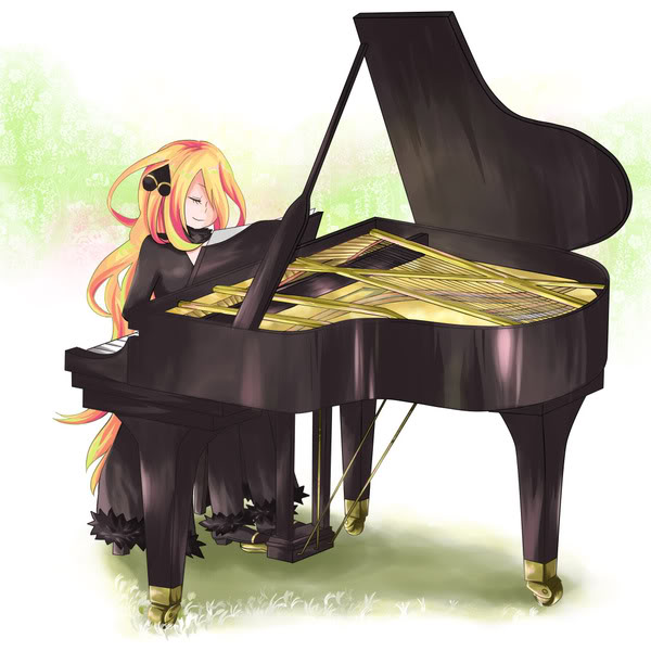 blonde_hair closed_eyes grand_piano hair_ornament hair_over_one_eye instrument long_hair piano piano_bench pokemon pokemon_(game) pokemon_dppt shirona_(pokemon) sitting smile solo ugi_(waver)