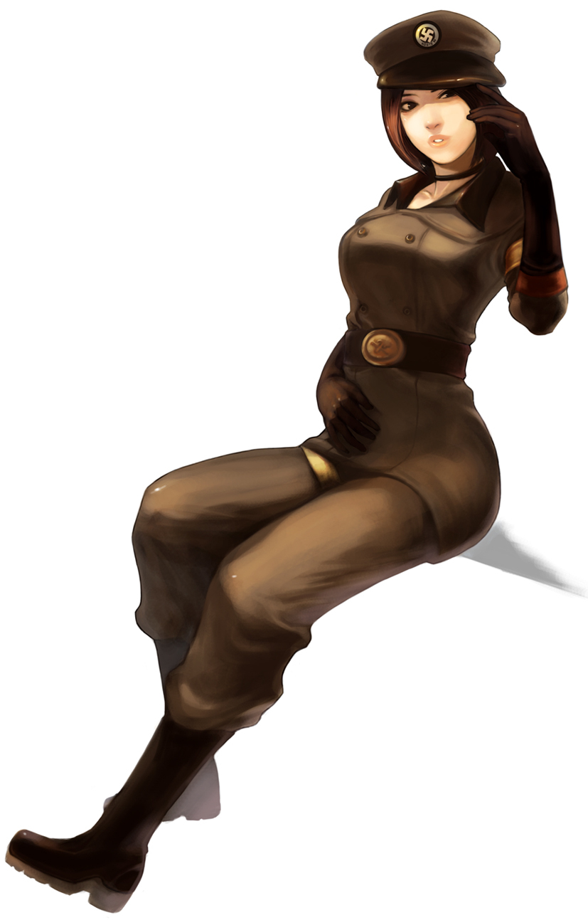 boots brown_eyes brown_hair choker elbow_gloves gloves hat highres king_of_fighters pants short_hair simple_background snk solo steward_b swastika uniform whip_(kof)