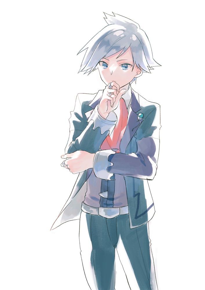 1boy bangs belt belt_buckle blue_eyes buckle closed_mouth collared_shirt commentary grey_hair hand_up jacket jewelry long_sleeves looking_at_viewer male_focus namiri necktie pants pokemon pokemon_(game) pokemon_oras red_necktie ring shirt short_hair solo spiky_hair steven_stone vest white_shirt