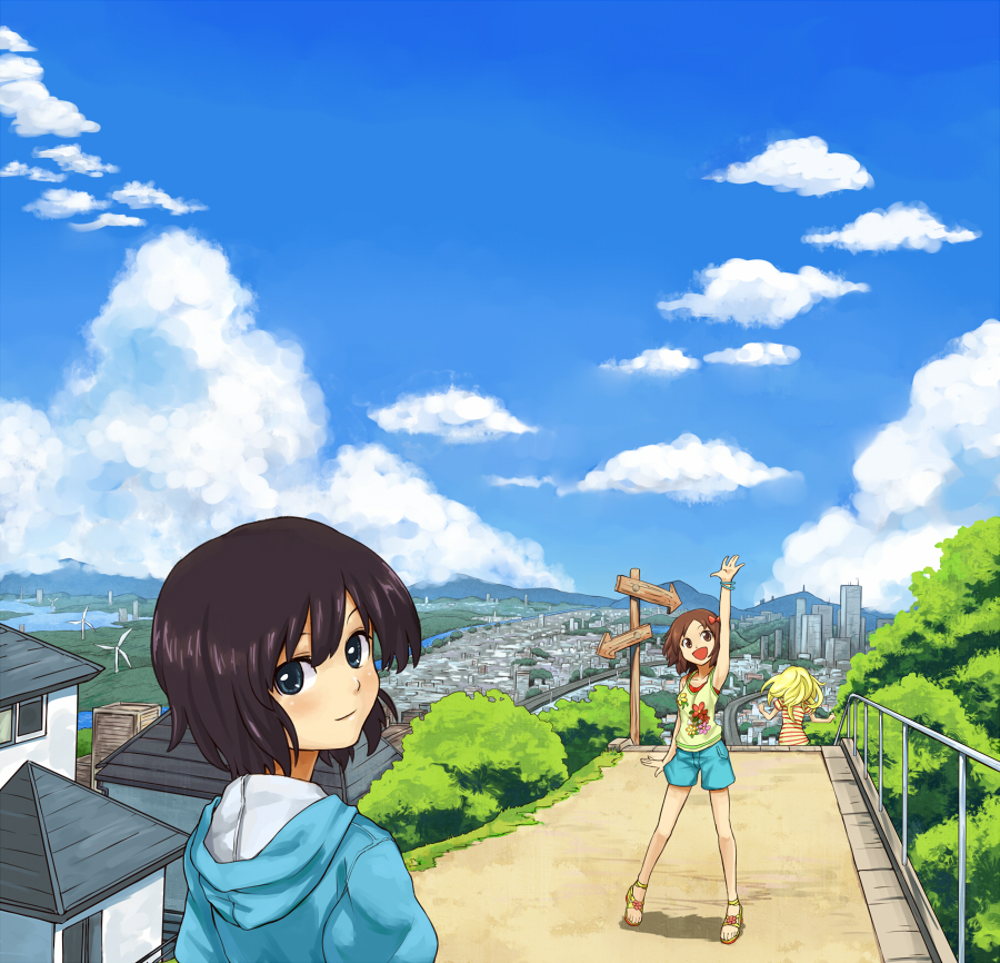 blonde_hair blue_eyes bow brown_eyes brown_hair cloud clouds hair_bow horizon house open_mouth original sandals scenery shiba_murashouji sign sky smile waving wind_turbine windmill