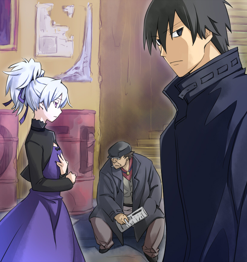 blue_eyes bow brown_hair cigarette coat darker_than_black dress drum_(container) hair_ribbon hand_in_pocket hat hei huang mouth_hold newspaper ponytail profile purple_eyes rakupi ribbon silver_hair sitting stairs violet_eyes yin