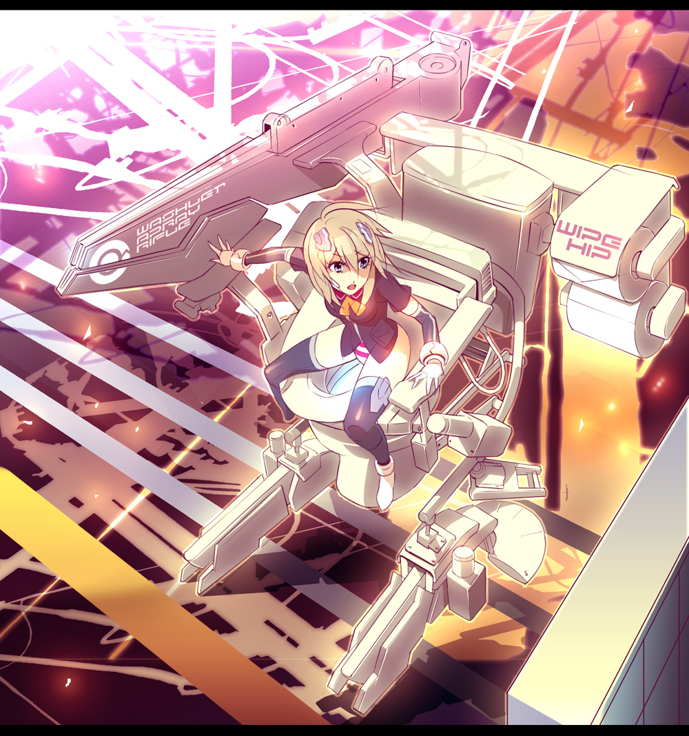 commentary gloves hair_ornament kaiseki letterboxed mecha no_pants open_mouth original panties short_hair sitting solo striped striped_panties thigh-highs thighhighs toilet underwear what