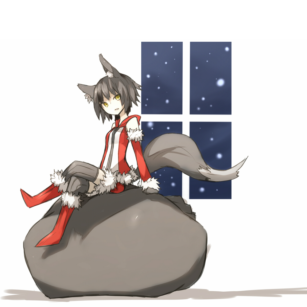 black_hair christmas crossed_legs detached_sleeves fox_ears looking_at_viewer nanako_(shirogane_usagi) nanashi_(shirogane_usagi) original sack santa_costume shirogane_usagi short_hair sitting sitting_on_object solo tail thighhighs wolf_ears wolf_tail yellow_eyes