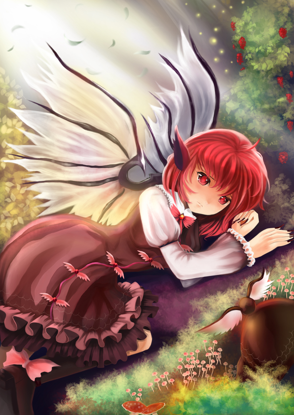 animal_ears boots brown_dress claws dress fatherland2009 fingernails frilled_dress frills hat hat_removed headwear_removed highres long_fingernails long_sleeves lying mushroom mystia_lorelei puffy_sleeves red_eyes red_hair redhead sad short_hair solo sunlight touhou wings
