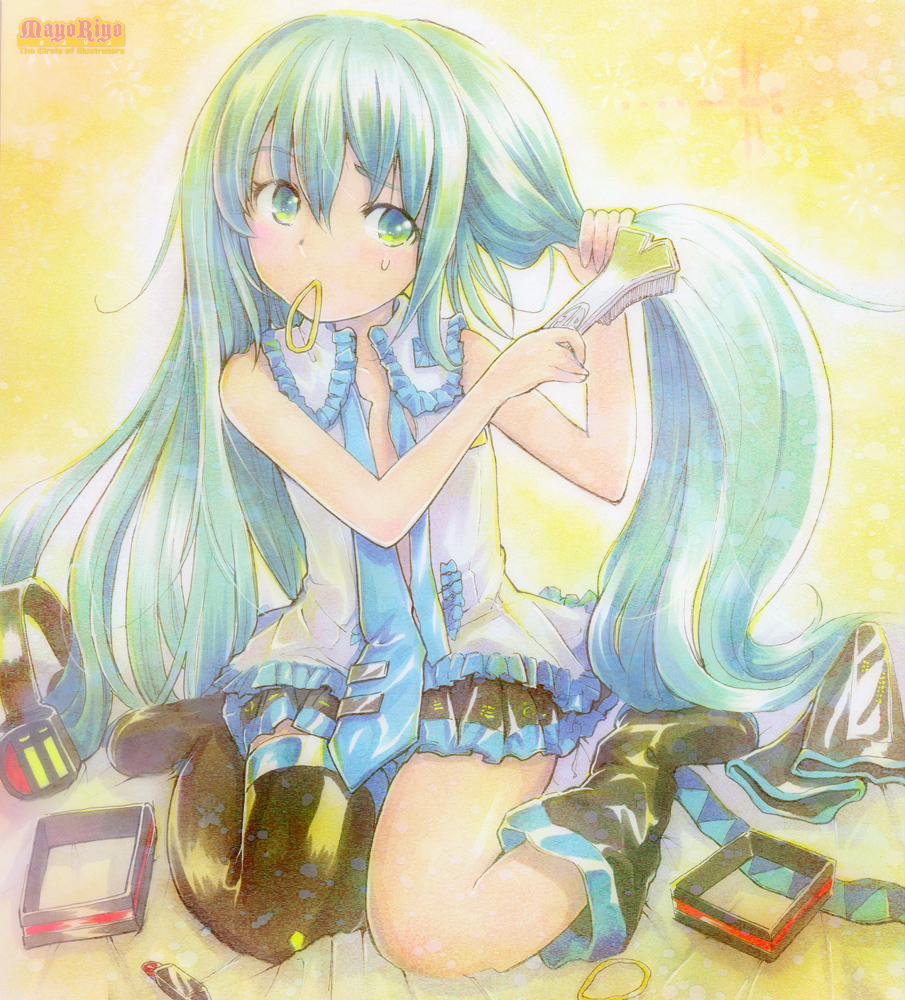 aqua_hair bad_id bare_shoulders boots hair_brush hair_down hair_dressing hairdressing hatsune_miku long_hair mayo_riyo mouth_hold necktie open_clothes open_shirt shirt sitting spring_onion sweat sweatdrop thigh-highs thigh_boots thighhighs traditional_media vocaloid wariza young