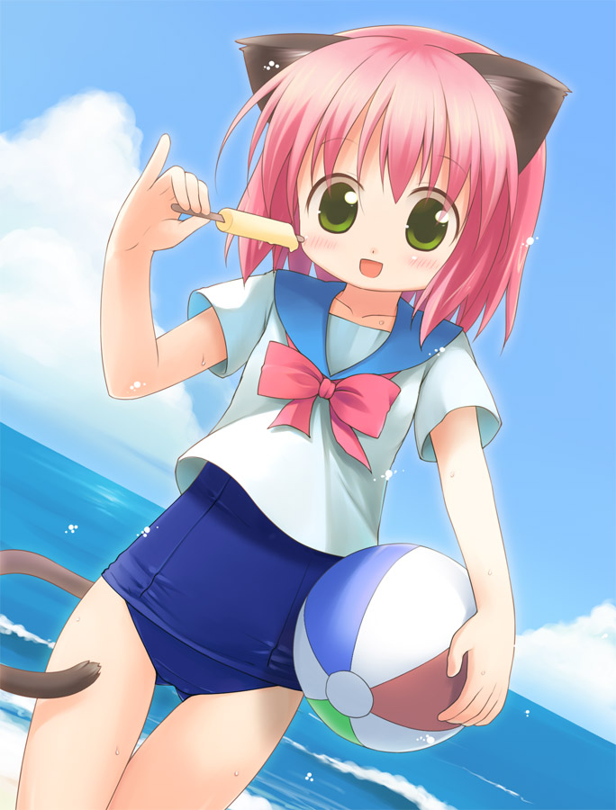 animal_ears ball beach beachball blush cat_ears child dutch_angle emurin green_eyes happy no_pants ocean one-piece_swimsuit open_mouth original pink_hair pinky_out popsicle school_swimsuit school_uniform serafuku short_hair sky smile solo swimsuit swimsuit_under_clothes tail thigh_gap water