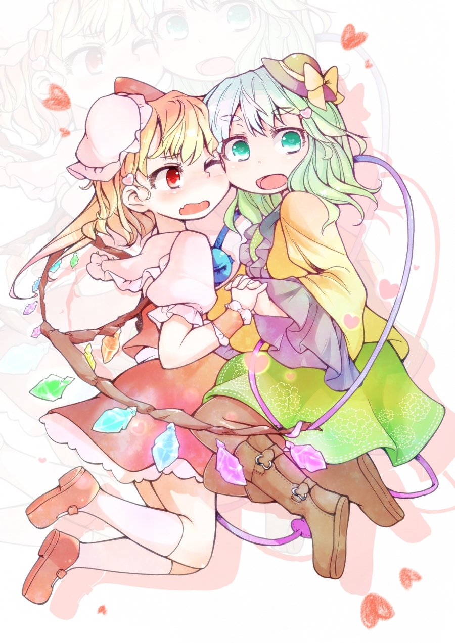 blonde_hair blush boots bow eyebrows eyes fang flandre_scarlet frills gathers green_eyes green_hair hair_ornament hairclip hat heart highres holding_hands kneehighs komeiji_koishi long_hair mary_janes multiple_girls open_mouth pantyhose ponytail red_eyes ruffles sacha shoes side_ponytail skirt socks symbol-shaped_pupils touhou wavy_mouth white_kneehighs white_legwear wings wink zoom_layer