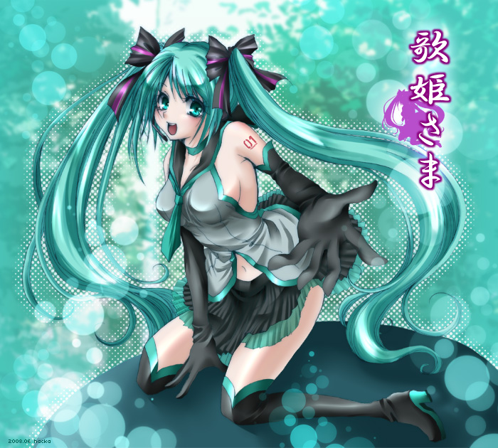 bad_id blue_eyes blue_hair bow cosplay elbow_gloves gloves hair_bow hatsune_miku kneeling long_hair mushihime-sama navel necktie noba open_mouth parody reco reco_(cosplay) skirt solo tattoo thighhighs twintails very_long_hair vocaloid