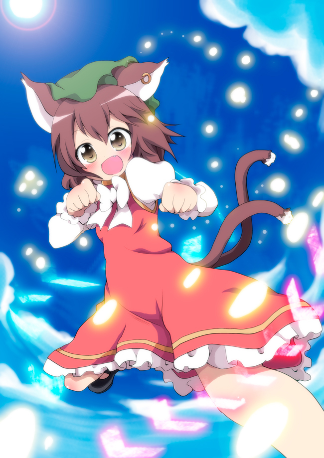 brown_eyes brown_hair cat_ears cat_pose cat_tail chen danmaku earrings fang hat jewelry massala multiple_tails paw_pose short_hair sky solo tail touhou