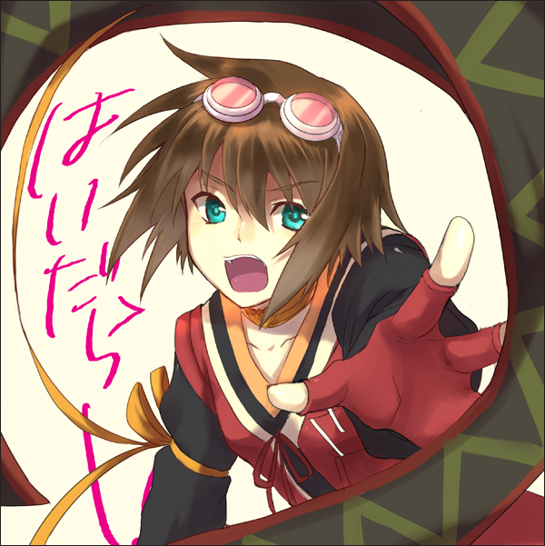 brown_hair choker gloves goggles goggles_on_head green_eyes rita_mordio short_hair sunege tales_of_(series) tales_of_vesperia white_background