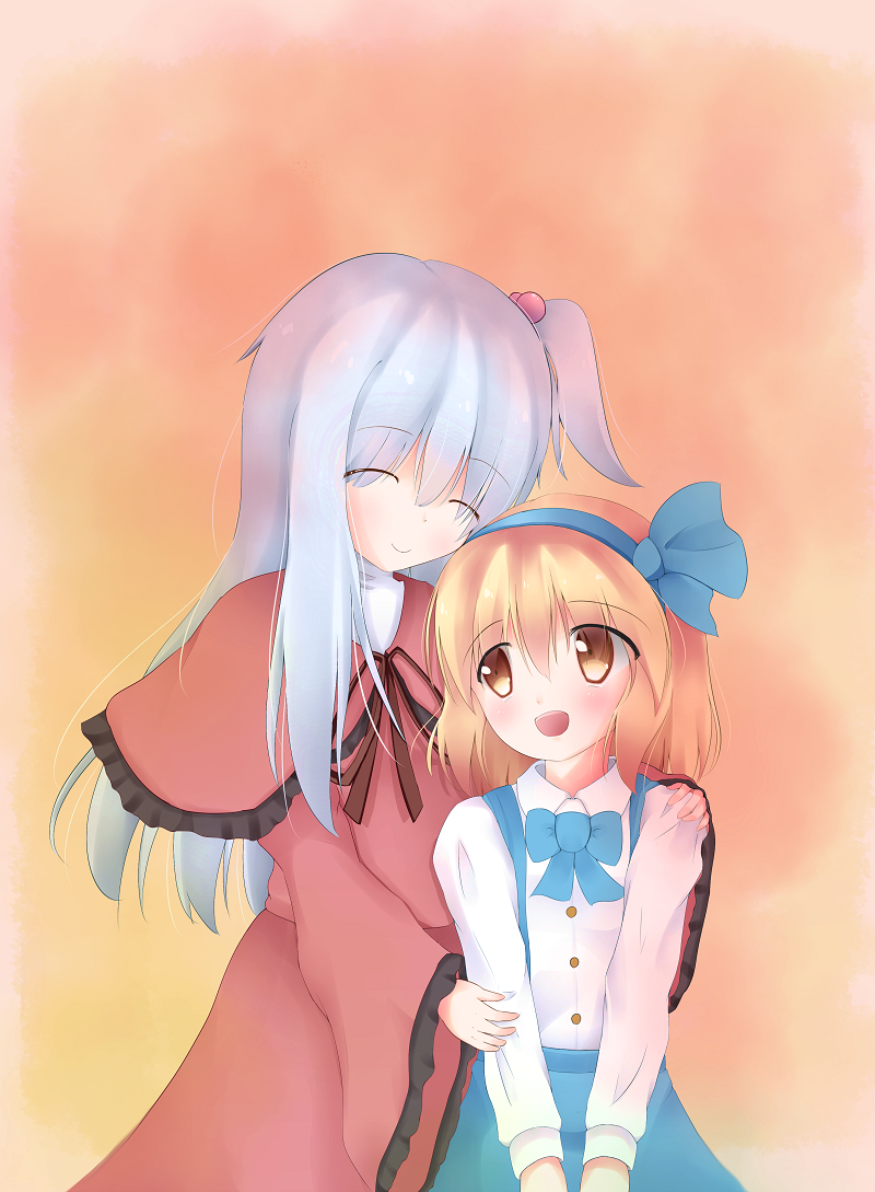 2girls akabeko_(ku-enn) alice_margatroid alice_margatroid_(pc-98) blonde_hair blue_hair bow capelet closed_eyes dress dress_shirt gradient gradient_background hair_bobbles hair_ornament hair_ribbon hand_on_another's_shoulder long_sleeves multiple_girls ribbon shinki shirt short_hair side_ponytail skirt smile suspenders touhou touhou_(pc-98) v_arms wide_sleeves yellow_eyes