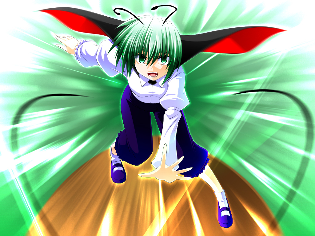 cape engo_(aquawatery) green_eyes green_hair mushihime-sama open_mouth parody riding solo touhou wriggle_nightbug