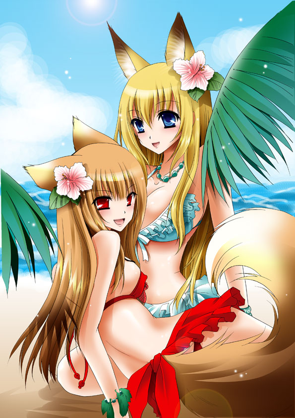 animal_ears beach bikini blonde_hair blue_eyes breasts brown_hair flower fox_ears frilled_bikini frilled_swimsuit frills hair_flower hair_ornament hibiscus holo jewelry long_hair multiple_girls necklace ocean open_mouth palm_branch red_eyes shinonome_ryuu spice_and_wolf swimsuit tail tenko_kuugen wagaya_no_oinari-sama wolf_ears wolf_tail