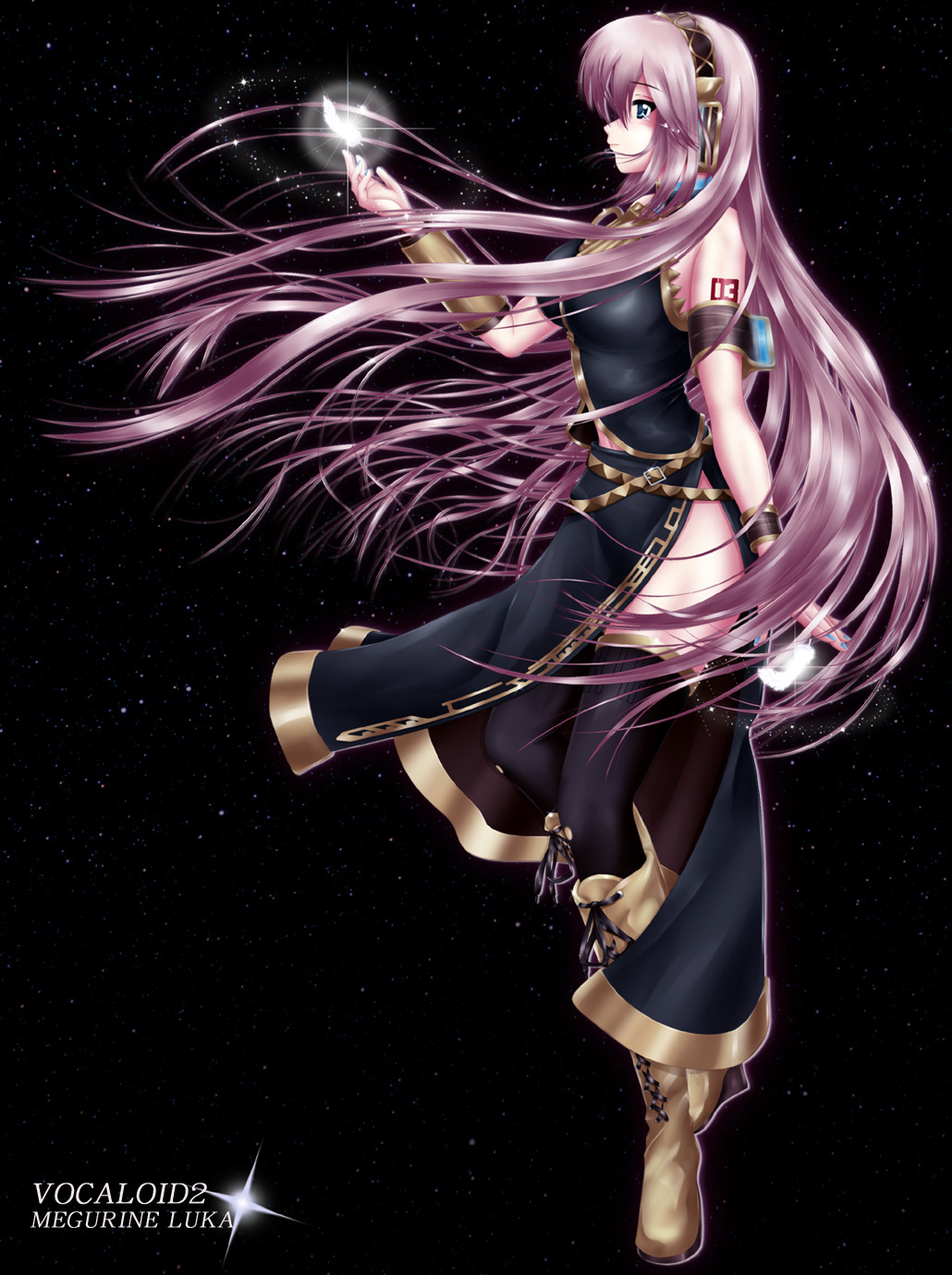 ass bare_shoulders belt big_breasts black_legwear black_thighhighs blue_eyes boots breasts brown_boots dress feathers headset highres large_breasts legs lips long_dress long_hair megurine_luka nohoho_(kakikonchi) pink_hair side_slit solo space sparkle star tears thigh-highs thighhighs very_long_hair vocaloid wind
