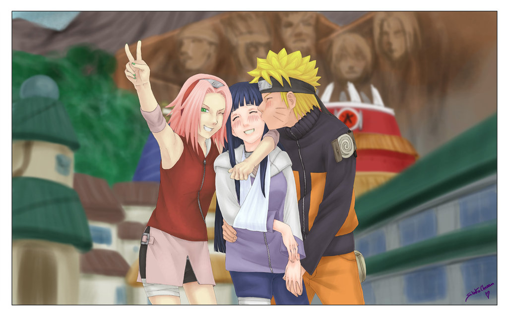 blonde_hair couple green_eyes haruno_sakura hyuuga_hinata kiss naruto pink_hair purple_hair smile uzumaki_naruto victory