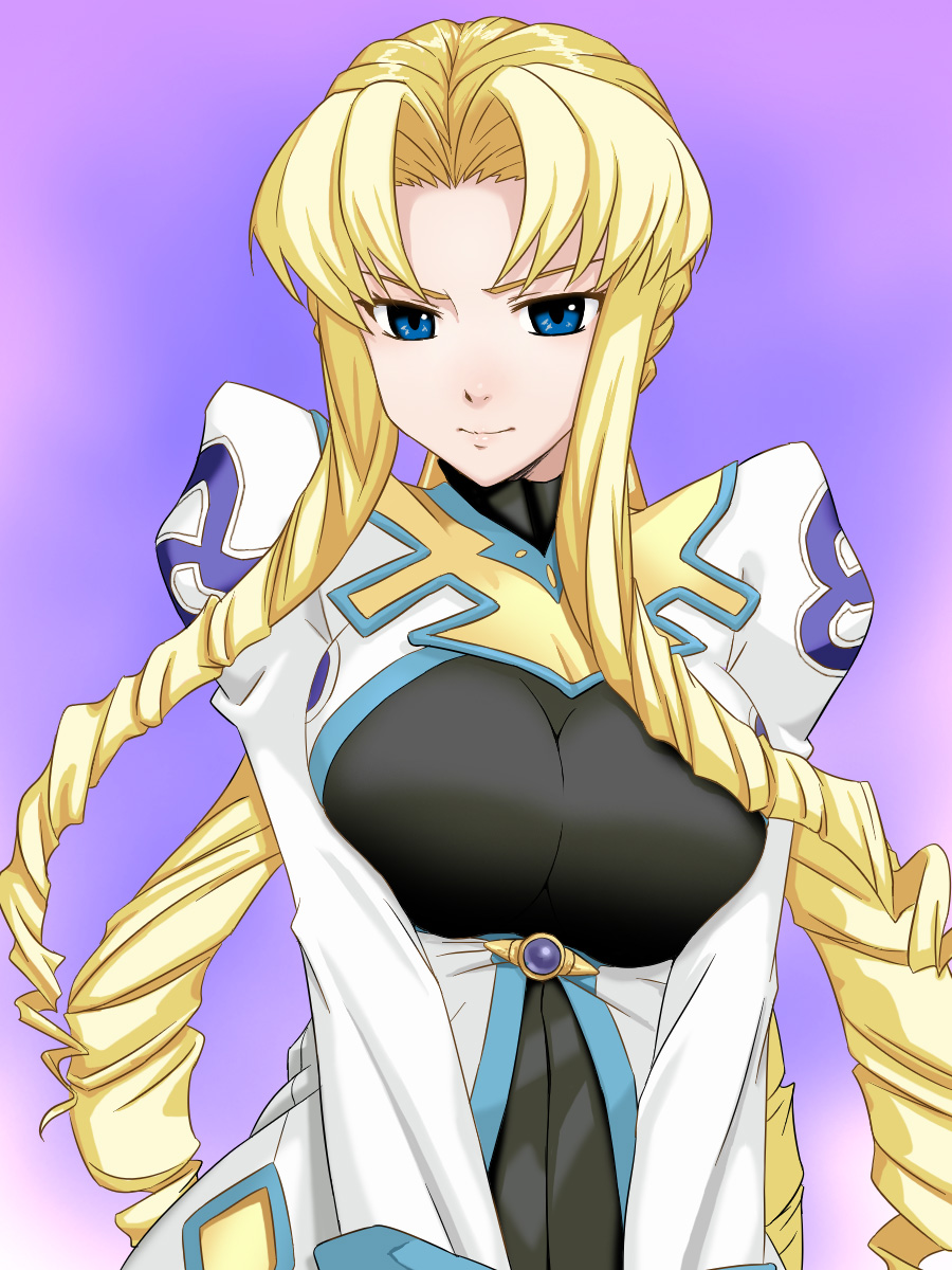 beesama blonde_hair blue_eyes breasts drill_hair highres large_breasts long_hair marguerite_leeds marguerite_pistail quad_tails simple_background solo super_robot_wars super_robot_wars_z2