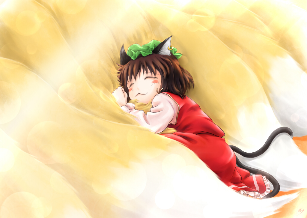 animal_ears brown_hair cat_ears cat_tail chen closed_eyes fox_tail hat sleeping supuri tail touhou yakumo_ran