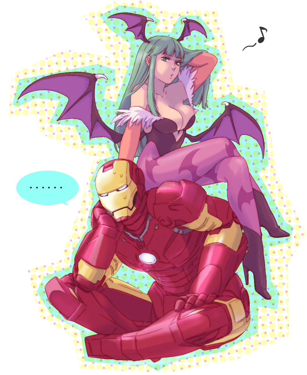 armor bare_shoulders bat_wings boots breasts capcom cleavage crossed_legs darkstalkers demon_girl green_eyes green_hair hair_tussle head_wings high_heels highres indian_style iron_man knhl large_breasts leotard lips long_hair low_wings marvel marvel_vs._capcom marvel_vs._capcom_3 marvel_vs_capcom marvel_vs_capcom_3 morrigan_aensland musical_note pantyhose power_armor shoes sitting sitting_on_person succubus sweat vampire_(game) whitle wings
