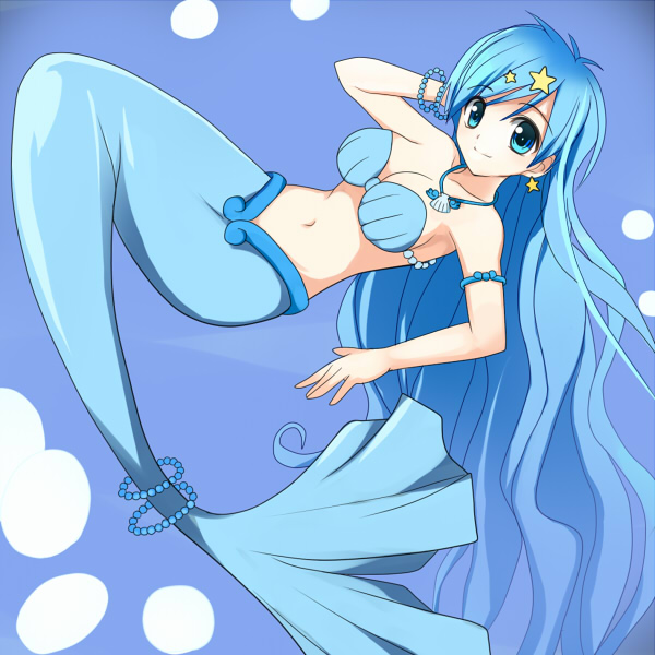 blue_hair houshou_hanon long_hair mermaid mermaid_melody_pichi_pichi_pitch miru monster_girl shell shell_bikini shell_bra