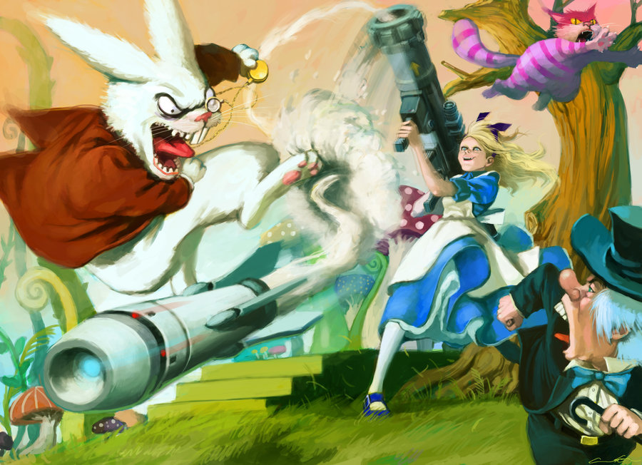 alice_(wonderland) alice_in_wonderland battle blonde_hair bunny cat cheshire_cat cuson dress forest hair_ribbon laughing long_hair mad_hatter monocle mushroom nature open_mouth pantyhose pocket_watch rabbit ribbon rocket rocket_launcher smoke stairs tree watch weapon white_rabbit