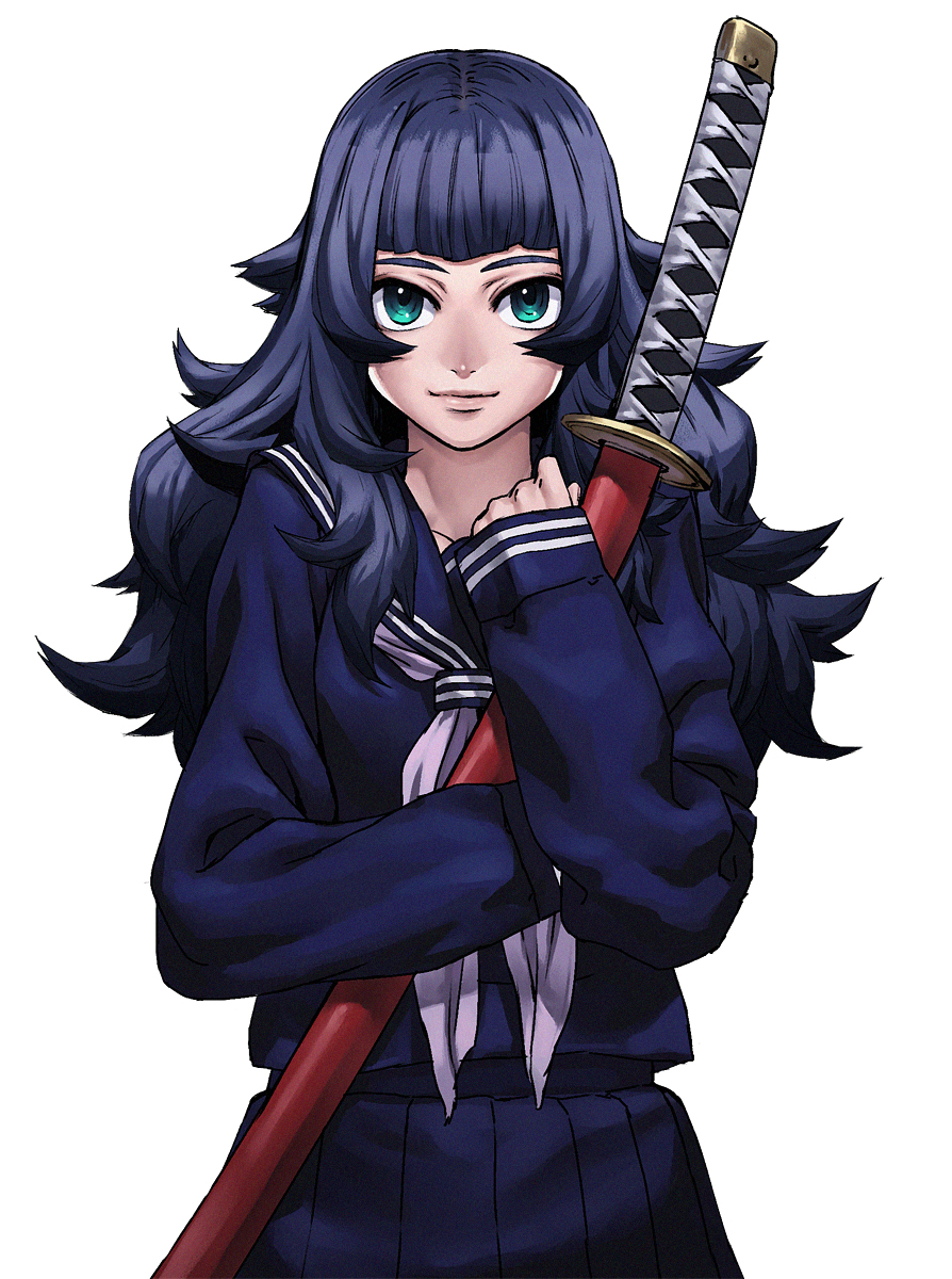 blue_hair cozy highres katana long_hair school_uniform serafuku smile solo sword weapon