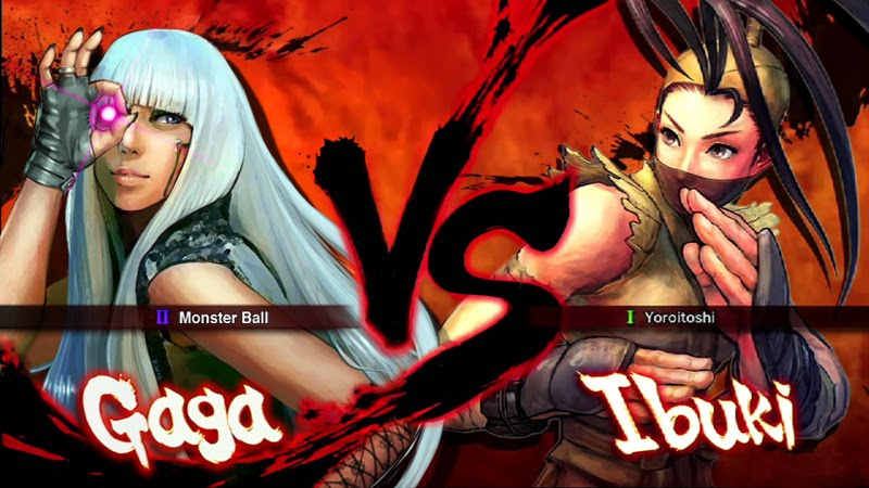 antenna_hair blue_eyes brown_eyes brown_hair capcom fake_screenshot fighting_game fingerless_gloves gloves ibuki lady_gaga lady_gaga_(copyright) long_hair multiple_girls nail_polish ninja parody ponytail street_fighter street_fighter_iv white_hair