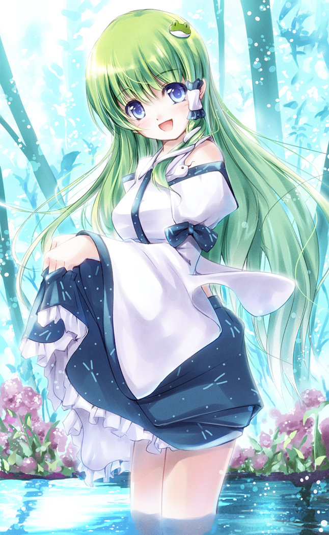 :d bare_shoulders blue_eyes detached_sleeves flower frog green_hair hair_ornament kochiya_sanae long_hair miyase_mahiro open_mouth skirt skirt_lift slip_skirt smile snake solo touhou wading water