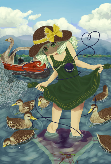 culotte(96) different_reflection dress dress_lift duck green_eyes green_hair hat heart heart_of_string komeiji_koishi komeiji_satori reflection third_eye touhou wading water