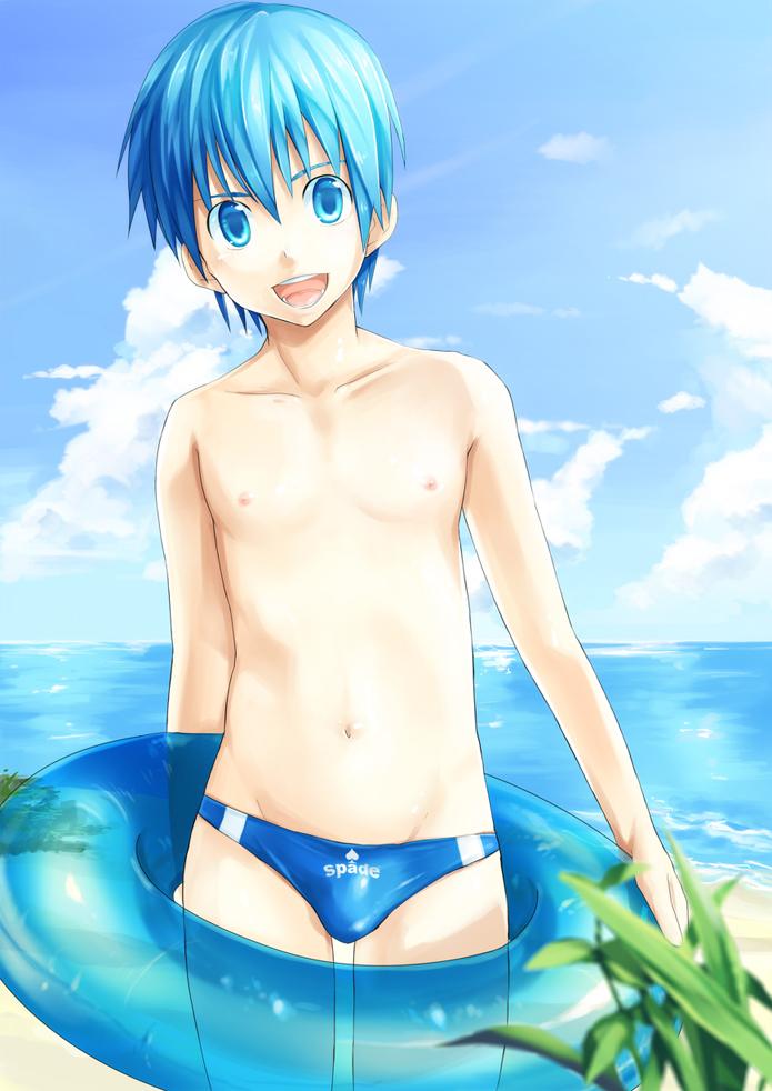 beach blue_eyes blue_hair innertube kyouta_(a01891226) male original short_hair solo speedo swimsuit