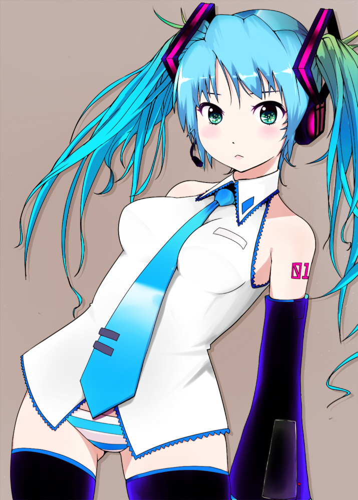 :&lt; blue_hair detached_sleeves green_eyes hatsune_miku headset kikki long_hair necktie no_pants panties simple_background solo striped striped_panties thigh-highs thighhighs twintails underwear very_long_hair vocaloid