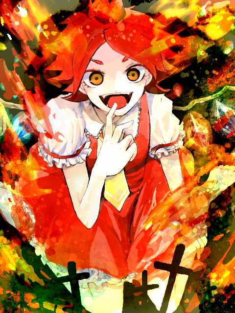 bad_id cosplay crossdressinging dress fire flandre_scarlet flandre_scarlet_(cosplay) frills inazuma_eleven nagumo_haruya open_mouth red_eyes red_hair redhead solo touhou