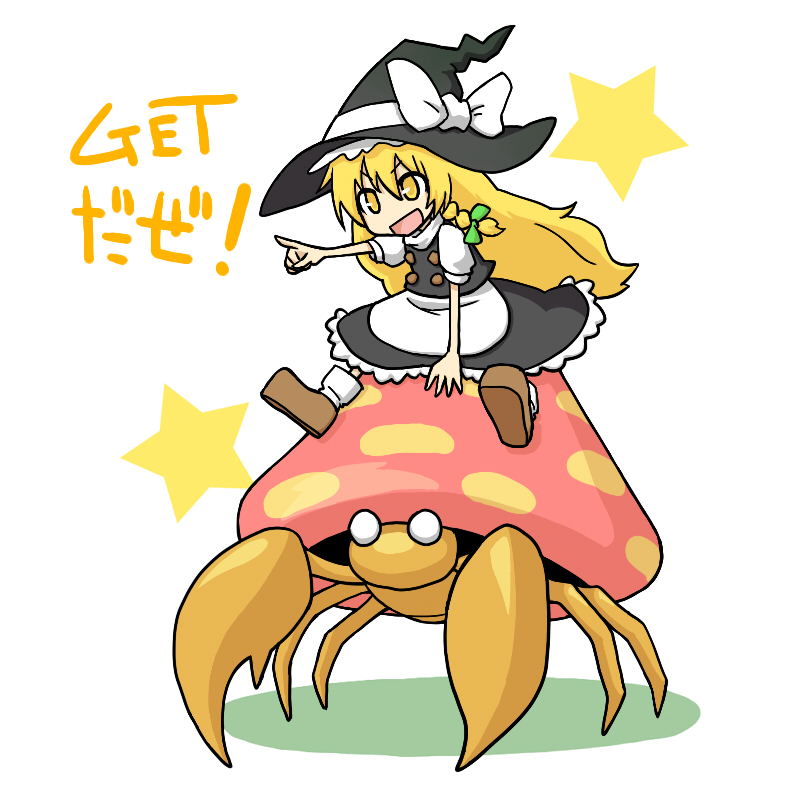 &gt;:) &gt;:d blonde_hair bow braid hair_bow hat kirisame_marisa o_o open_mouth parasect pointing pokemon pokemon_(creature) riding smile star taiga_mahoukan touhou witch_hat yellow_eyes