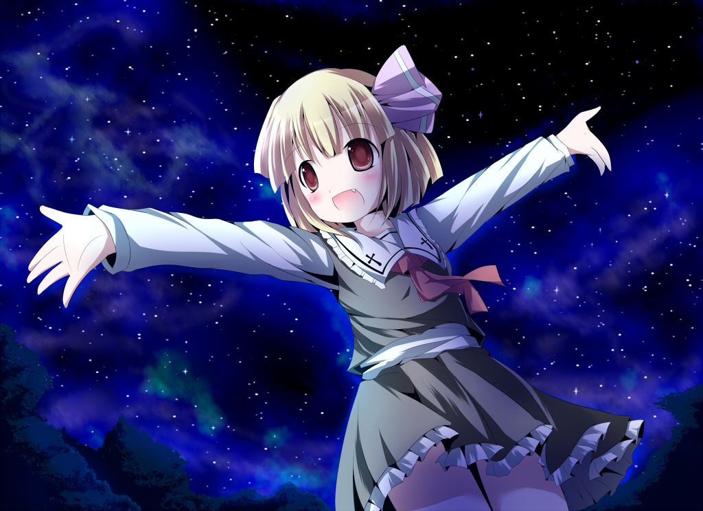 dress fang hair_ribbon kazura moon necktie night night_sky outstretched_arms red_moon ribbon rumia short_hair sky smile spread_arms star star_(sky) starry_sky touhou