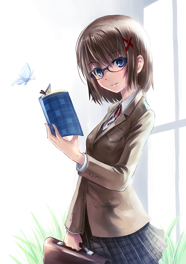 bag bespectacled blue_eyes book brown_hair butterfly female glasses hair_ornament hairclip holding holding_book looking_at_viewer mahou_shoujo_lyrical_nanoha mahou_shoujo_lyrical_nanoha_a's mahou_shoujo_lyrical_nanoha_a's open_book plaid plaid_skirt school_uniform short_hair skirt smile solo yagami_hayate yone